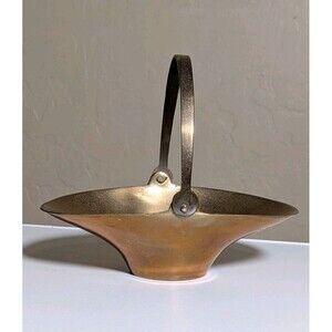 Vintage Brass Bowl Basket Patina MCM Rustic Easter Accent Decor Hinged Handle